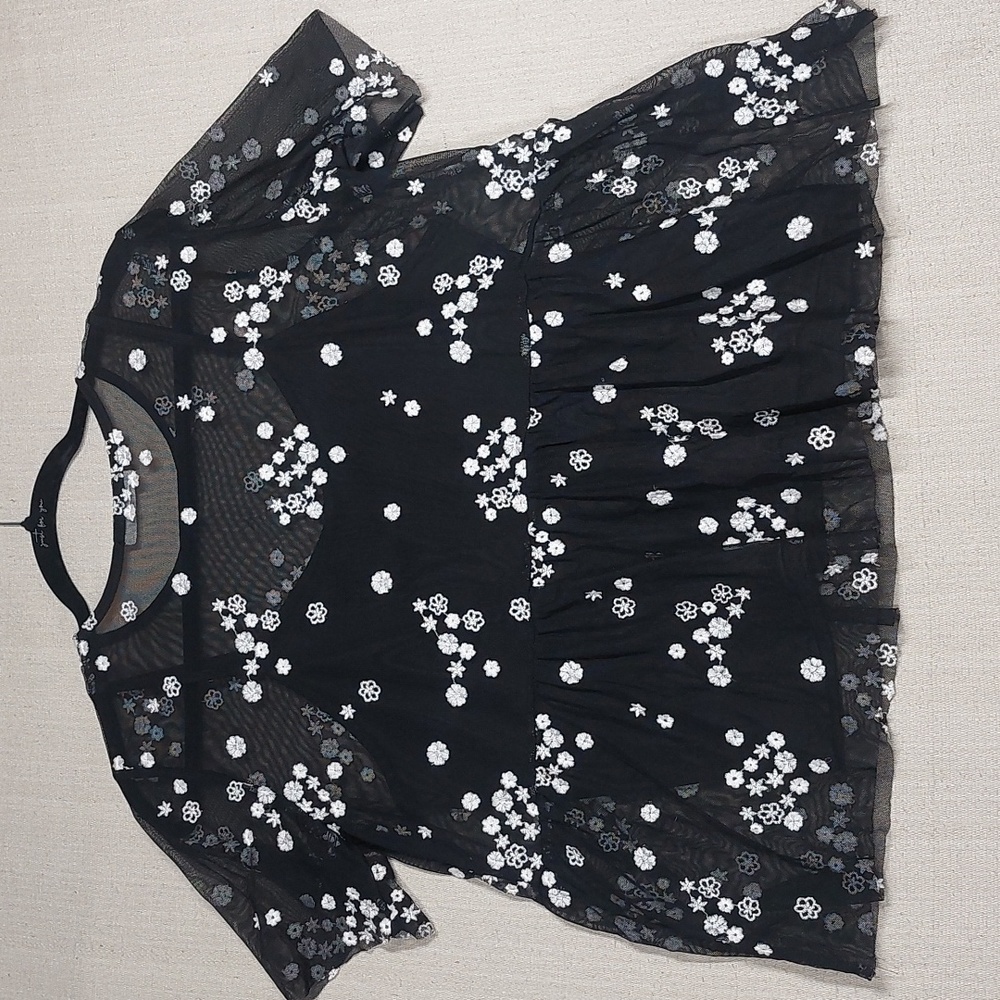 Glance Top Size XL Black Embroidered Floral Sheer Babydoll - Picture 12 of 13